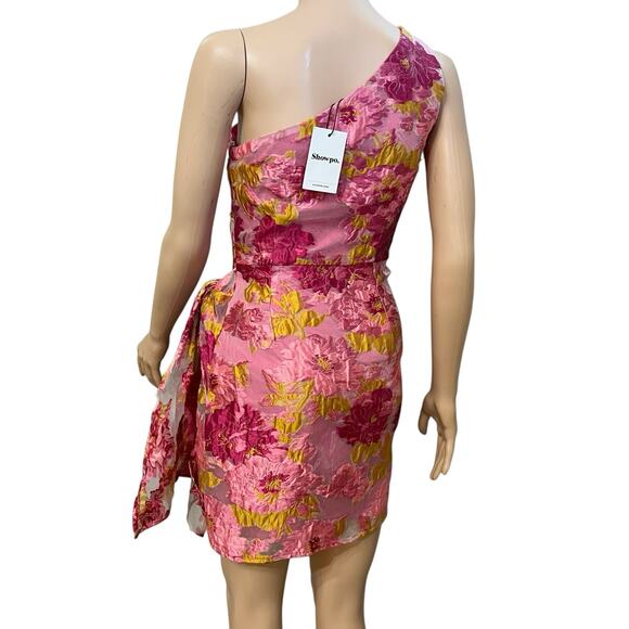 Showpo Brailey Mini Dress Sz 2 One Shoulder Wrap Front Floral Coquette Jacquard - Picture 5 of 12